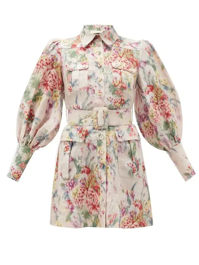 Zimmermann Wavelength Belted Linen Mini Dress Floral Size 6 - Image 3
