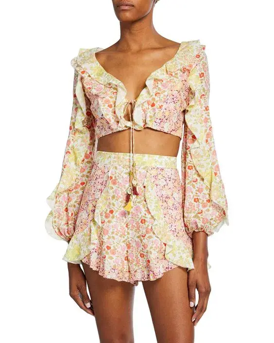 Zimmermann Goldie Splice Frill Crop Top and Short Set Print Size 6 - Image 2