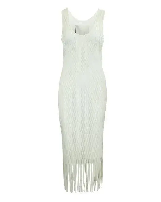 Off-White Long Laser-Cut Dress with Fringes - Image 2