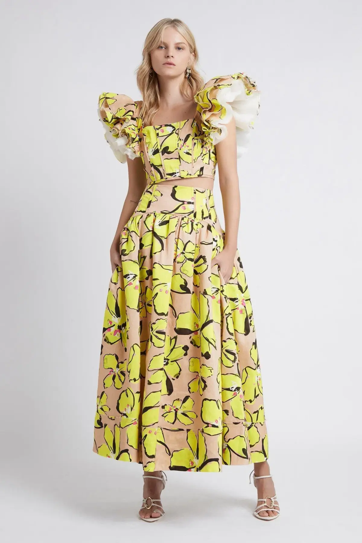 Aje Pelicano Citrus Bloom Midi Skirt and Frill Cropped Top Set Print Size 8 - Image 1