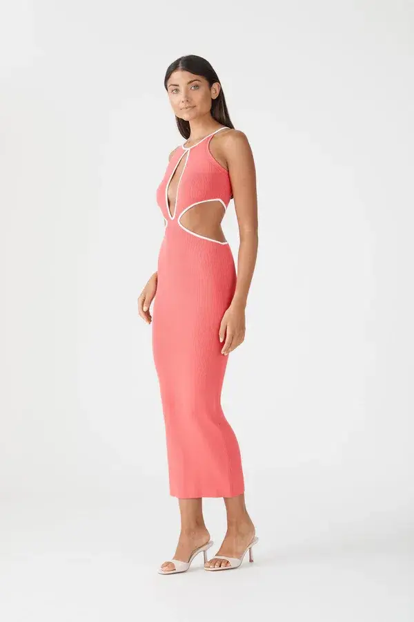 San Sloane Adrian Rib Midi Dress Coral-White Size 6  - Image 3