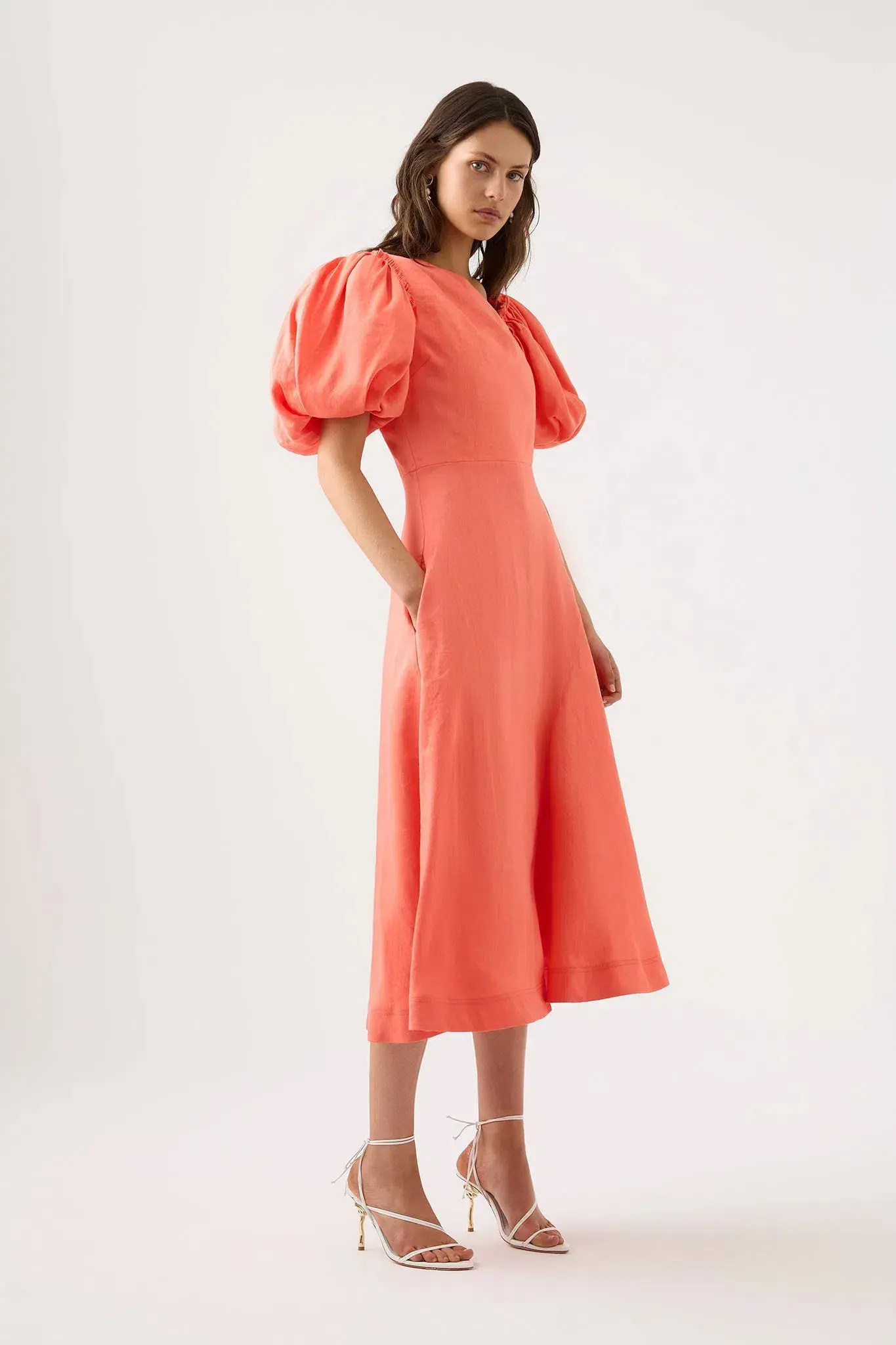 AJE - Maia Off Shoulder Midi Dress in Coral - Size 8 - Image 3