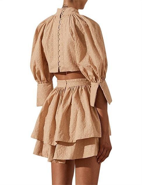 Shonay Joy Magnolia High Neck Open Back Mini Dress in Peanut - Image 3