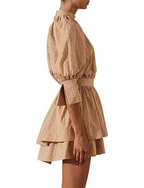 Shonay Joy Magnolia High Neck Open Back Mini Dress in Peanut - Image 4