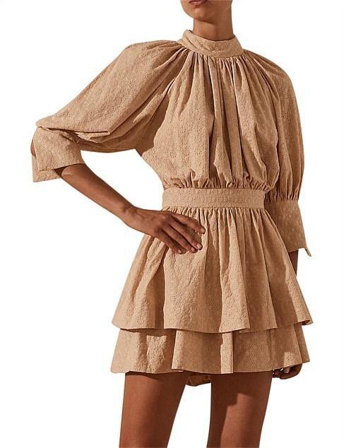 Shonay Joy Magnolia High Neck Open Back Mini Dress in Peanut - Image 1