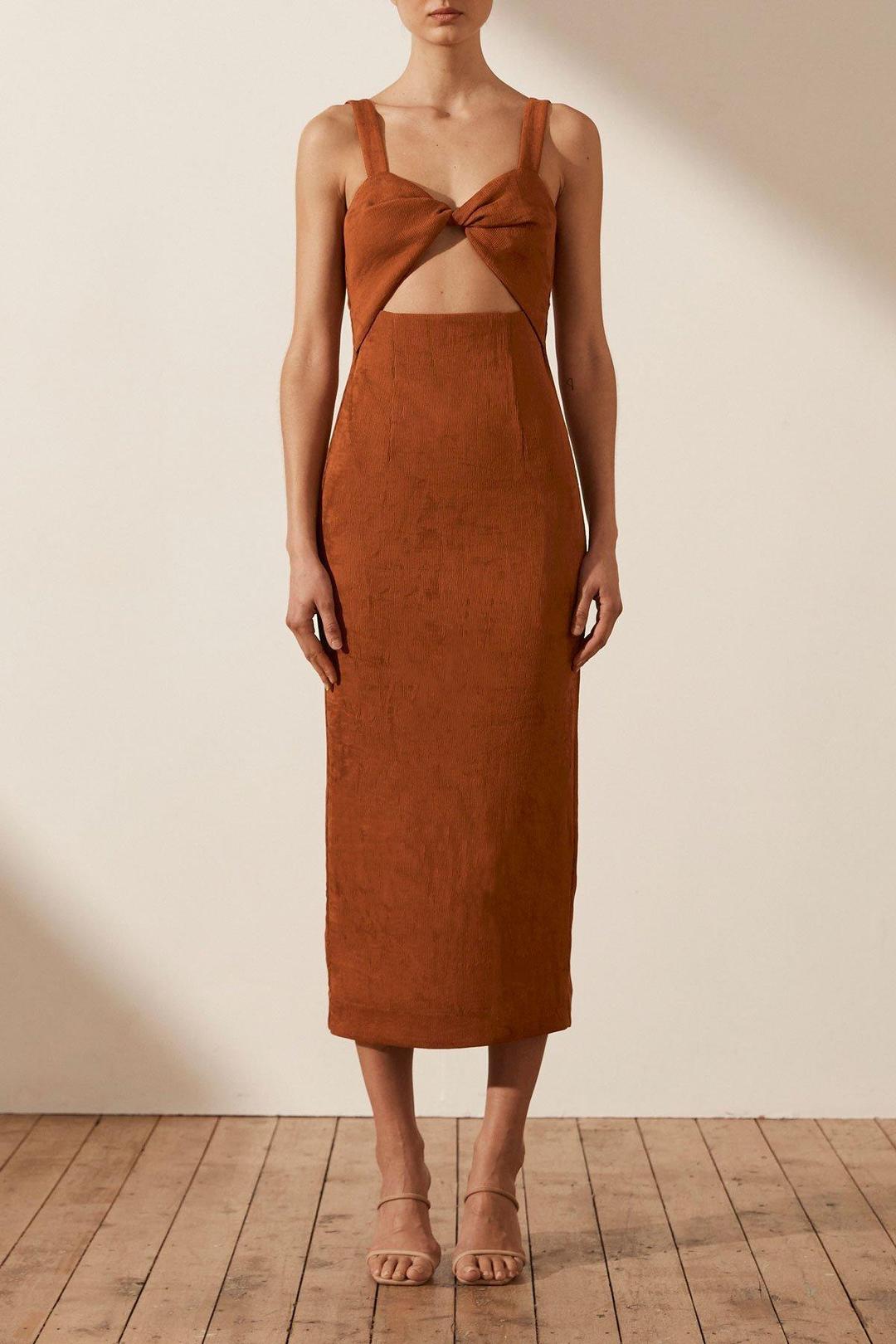 Shona Joy Simone Fitted Cut Out Midi Dress Terracotta for rent on The Volte - main image