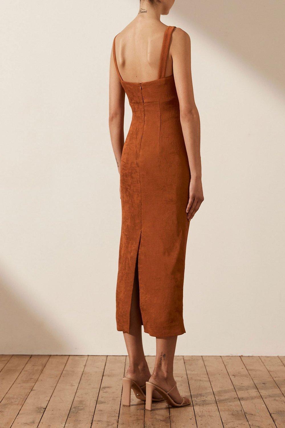 Shona Joy Simone Fitted Cut Out Midi Dress Terracotta for rent on The Volte - main image