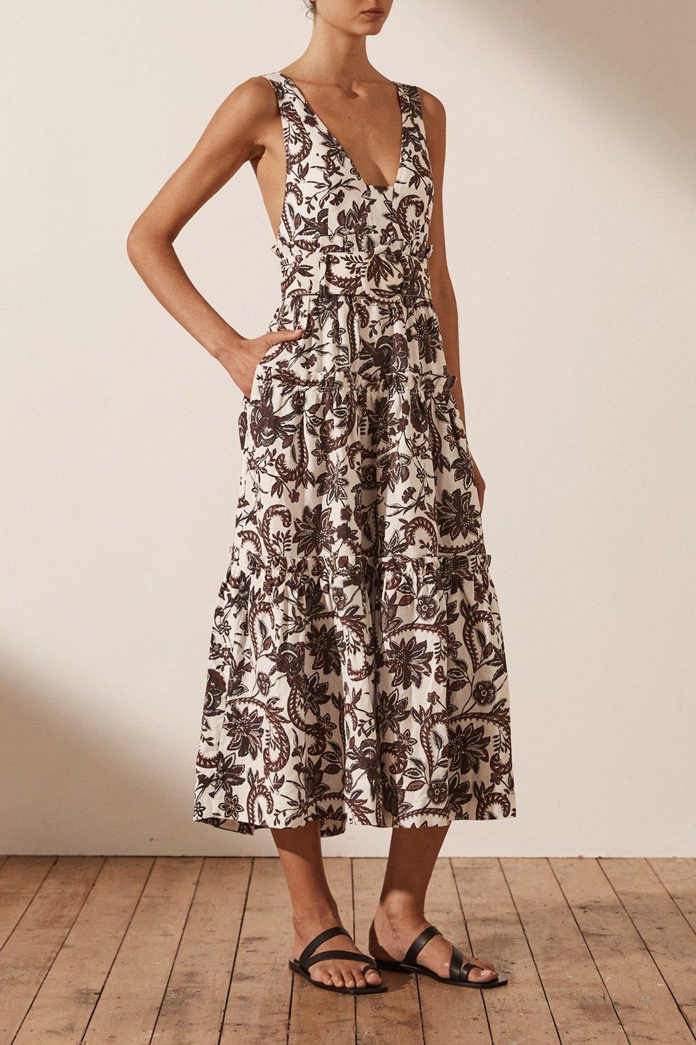 Shona Joy Dahlia Linen Tiered Midi Dress Floral  for rent on The Volte - main image