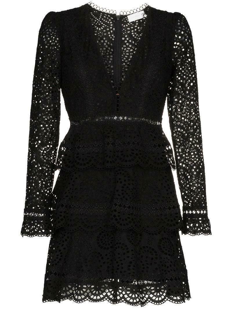 Zimmermann Tiered Cotton Eyelet Lace Mini Dress Black Size 1 / Au 10 - Image 4