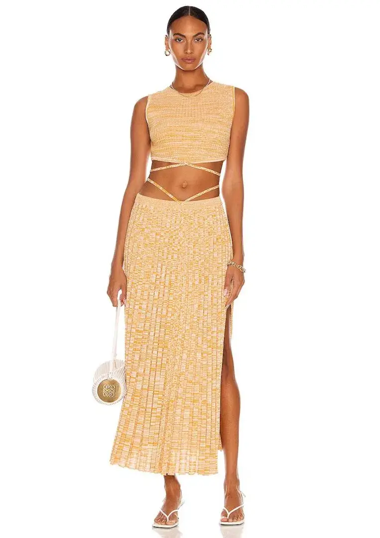 Christopher Esber Sleeveless Knit Tie Crop Top and Pleated Knit Tie Skirt Set Dune Marle Size 6 - Image 1
