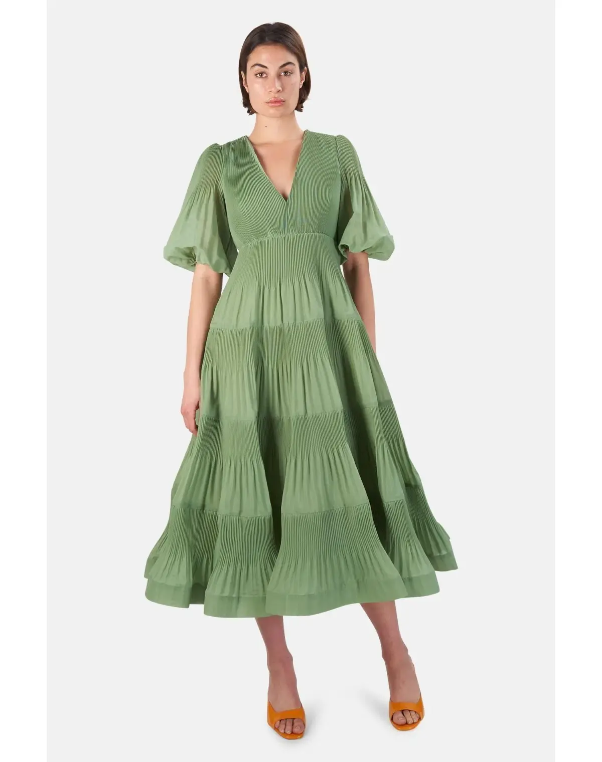 Zimmerman Pleated Balloon Sleeve Tiered Dress In Fern Size 2 / AU 12 - Image 1