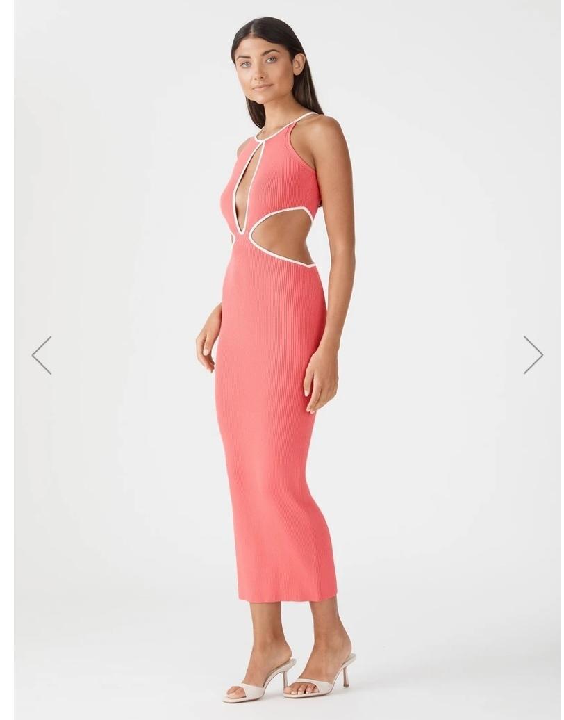  San Sloans ADRIAN RIB MIDI DRESS CORAL-WHITE Size 6 (6-8 fit) - Image 1