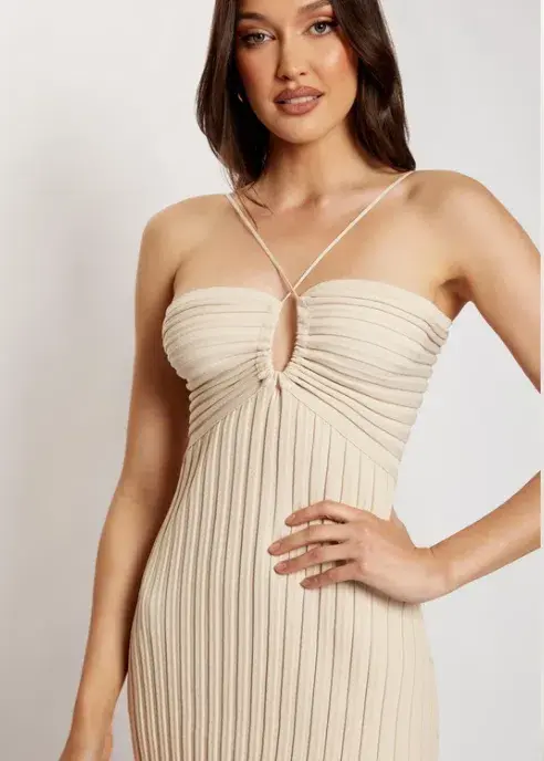 Meshki Lori Ruched Front Knit Midi Dress Champagne Size S - Image 2