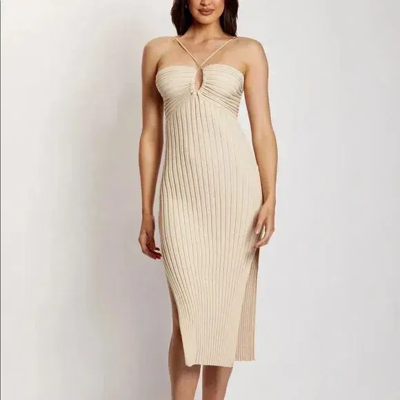 Meshki Lori Ruched Front Knit Midi Dress Champagne Size S - Image 4