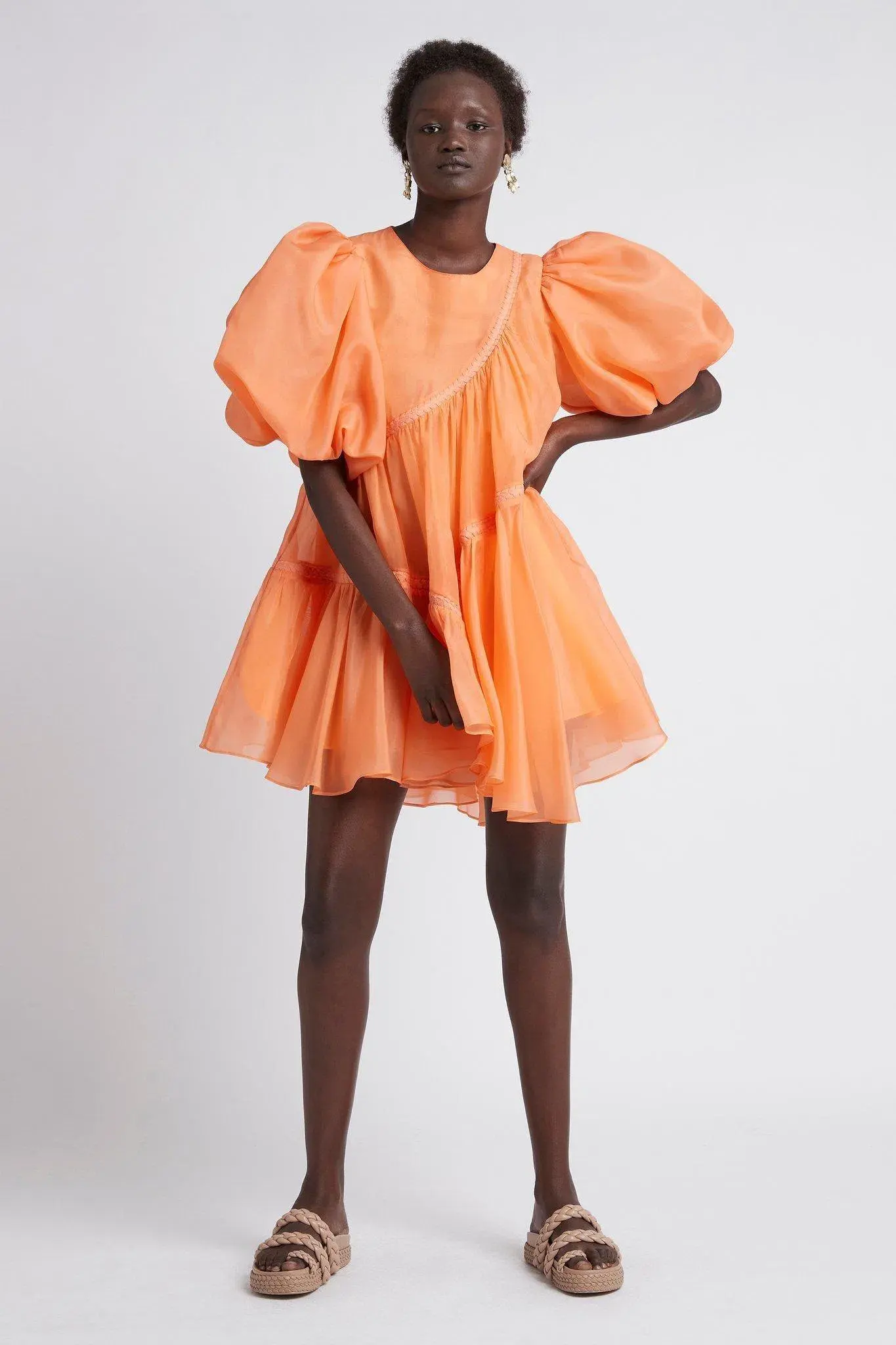 Aje Riviera Asymmetric Braided Puff Sleeve Smock Dress Mandarin Orange Size 6 - Image 2