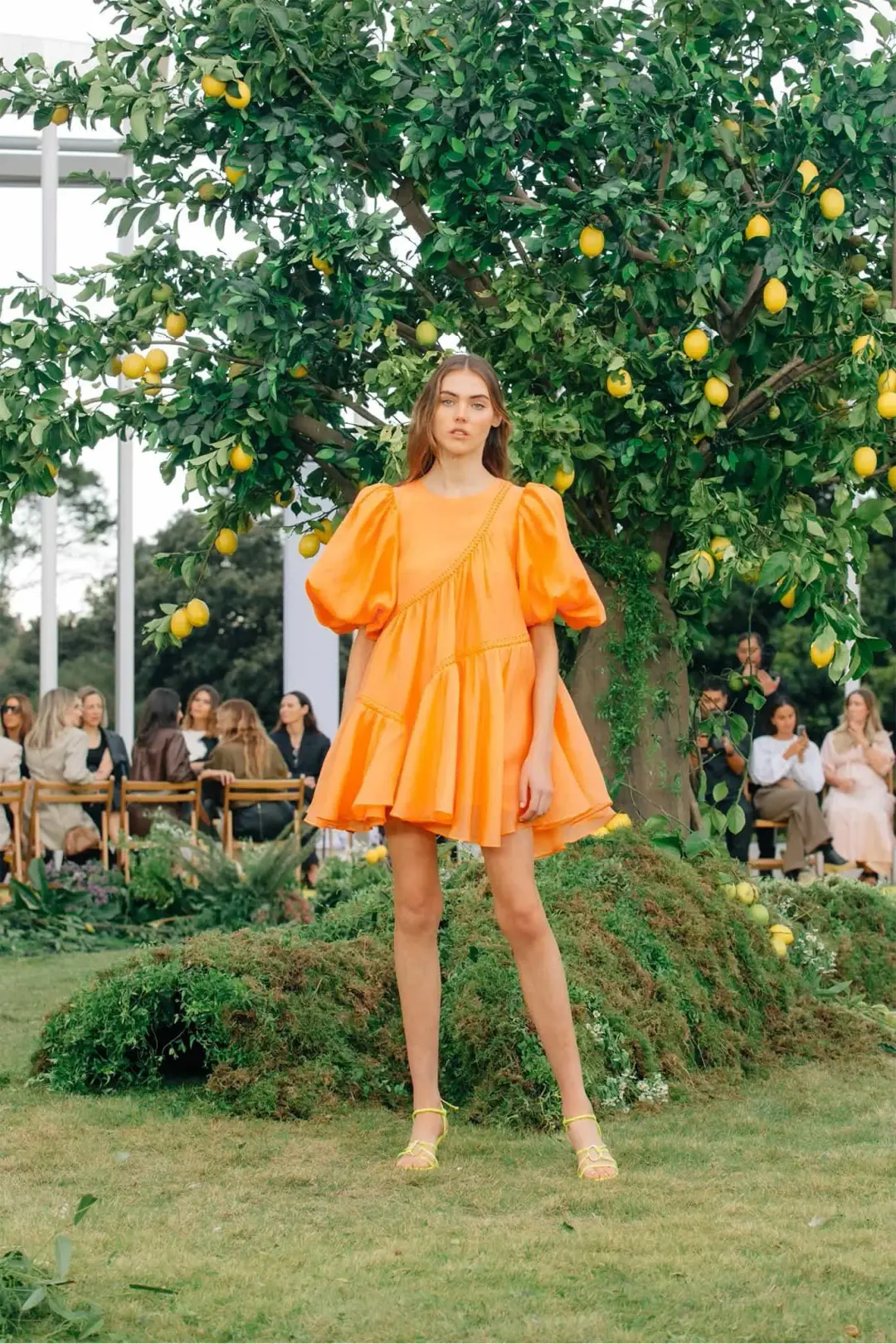 Aje Riviera Asymmetric Braided Puff Sleeve Smock Dress Mandarin Orange Size 6 for rent on The Volte - main image