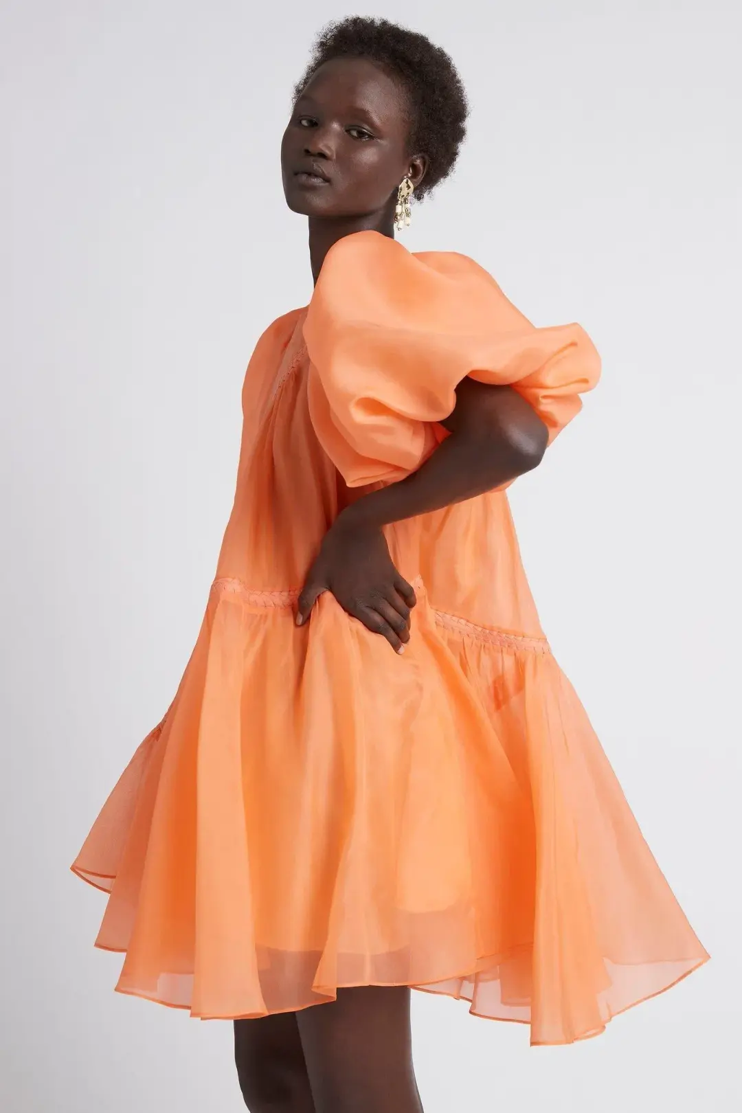 Aje Riviera Asymmetric Braided Puff Sleeve Smock Dress Mandarin Orange Size 6 for rent on The Volte - main image