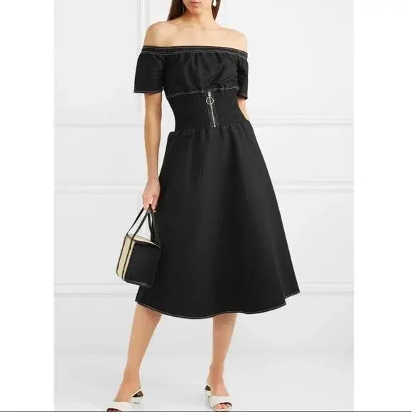 Maje Relera Black Smocked Off-Shoulder Midi Dress Size 8 - Image 1