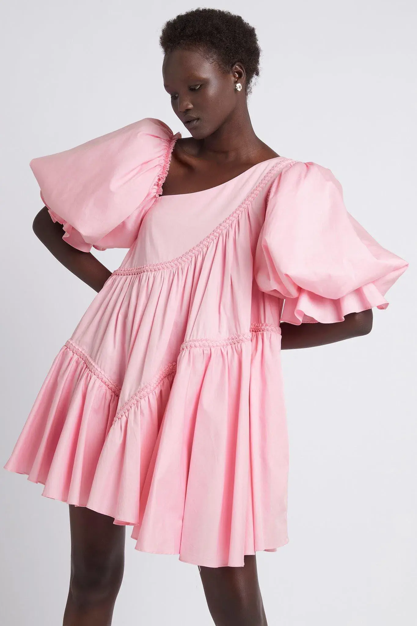 Casabianca Braided Asymmetric Puff Sleeve Mini Dress Pink Size 8 - Image 2
