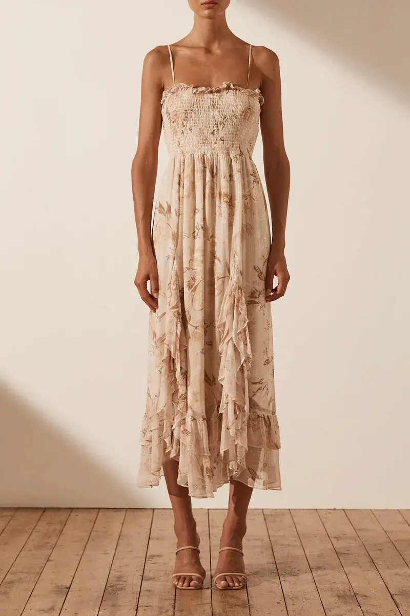 Shona Joy Shirred Midi Dress Print Size 8 - Image 1