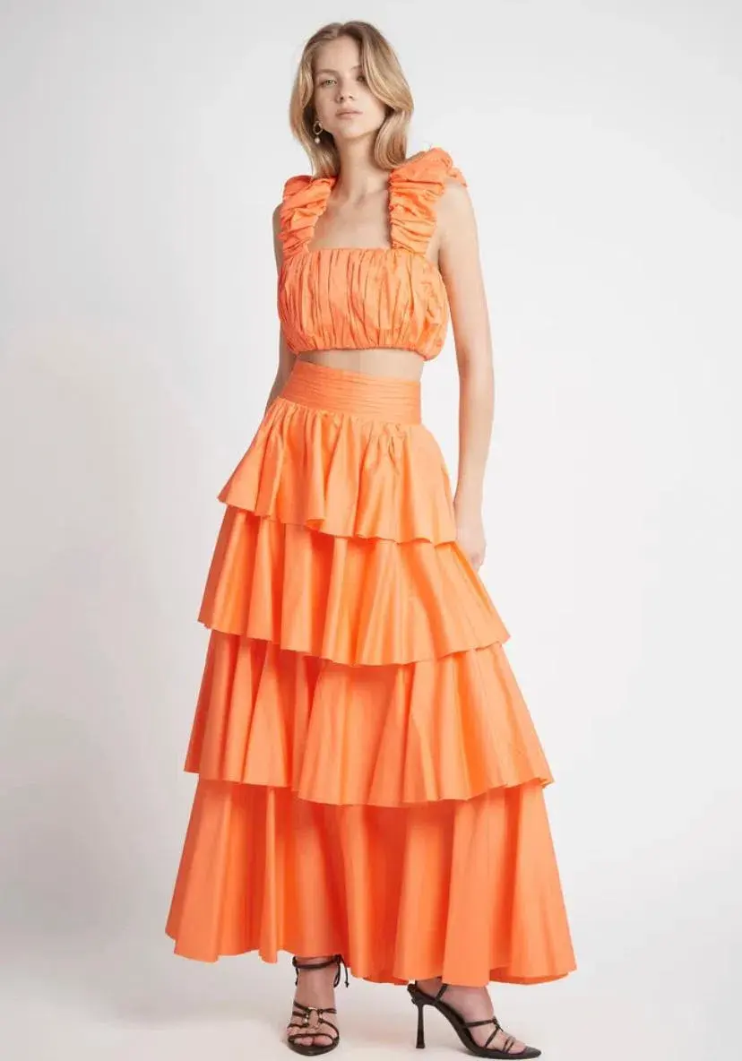 Aje Medina Ruched Cropped Top and Tiered Midi Skirt Set Orange Size 6 - Image 1