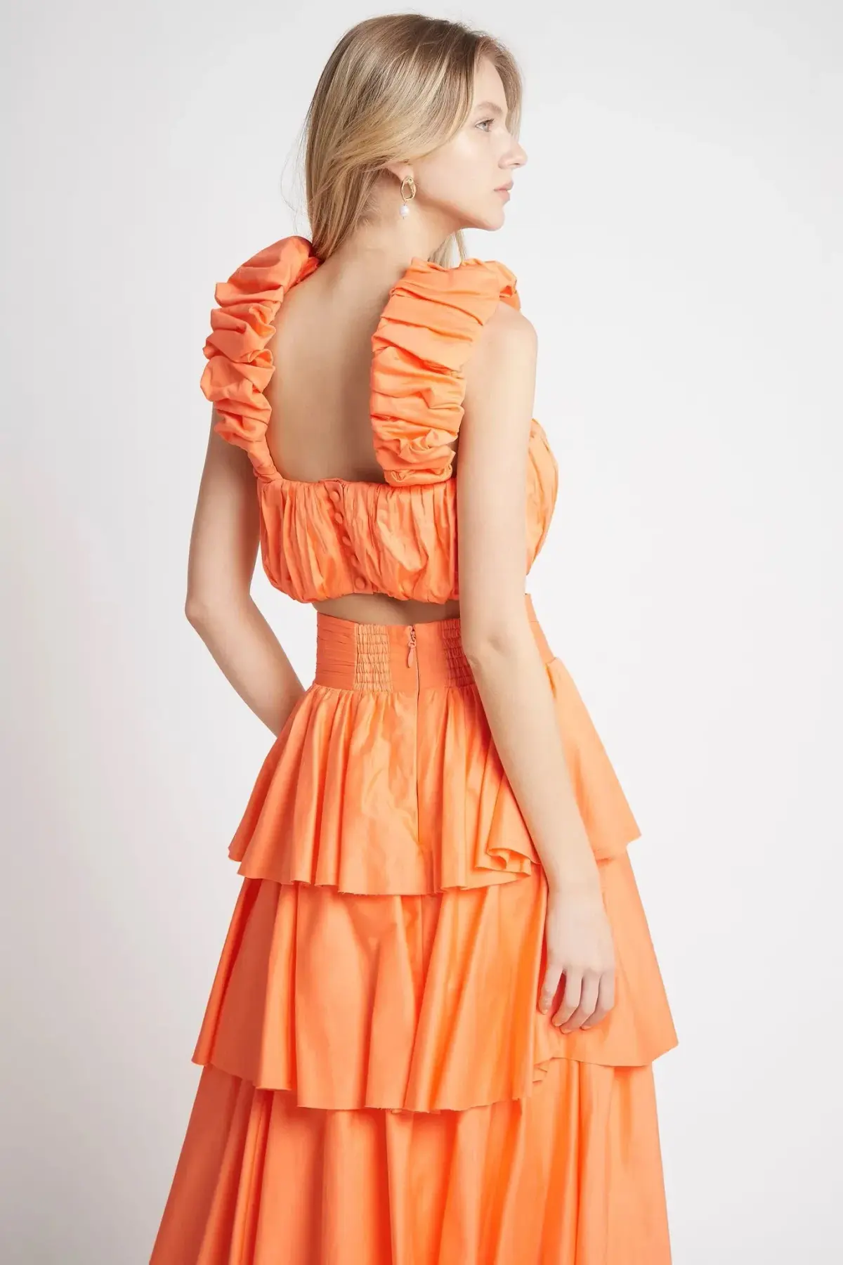 Aje Medina Ruched Cropped Top and Tiered Midi Skirt Set Orange Size 6 - Image 4