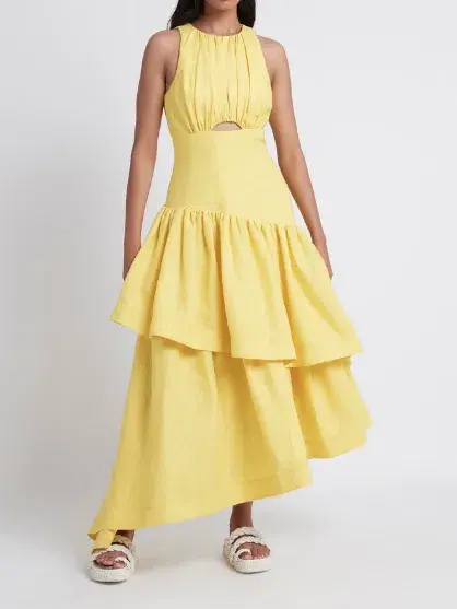 Aje Caliente Tiered Cut Out Midi Dress Yellow Size 12 - Image 1