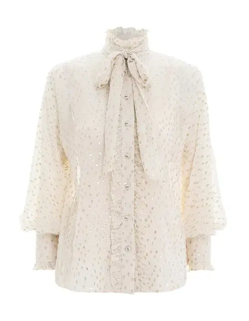 Zimmermann Lurex Spot Blouse and Dot Wrap Skirt Cream Gold Size 0 / AU 8 for rent on The Volte - main image