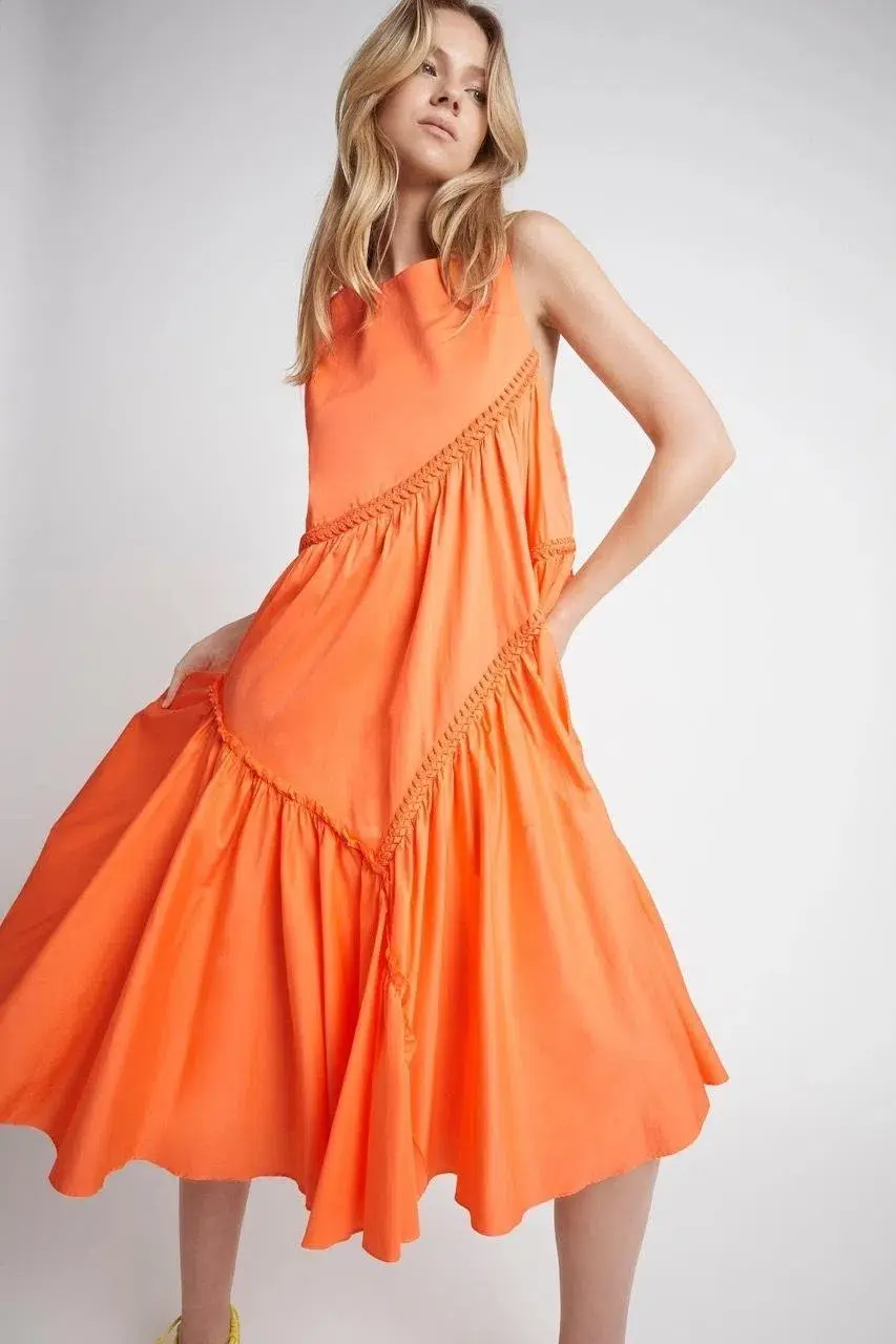 Aje Casabianca Braided Sleeveless Midi Dress Orange Size 8 for rent on The Volte - main image