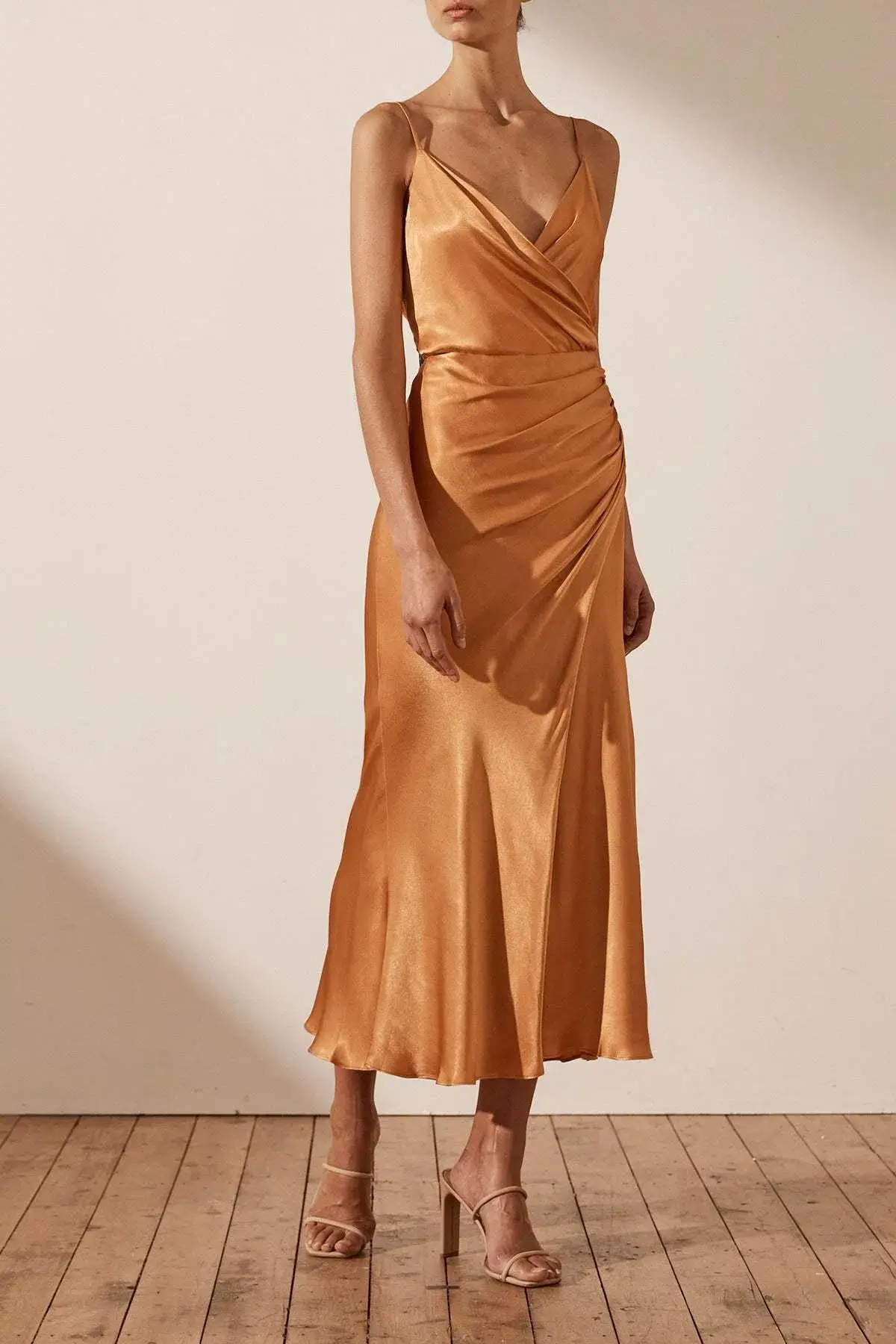 SHONA JOY GALA DRAPED MIDI DRESS GOLDEN OAK - Image 2
