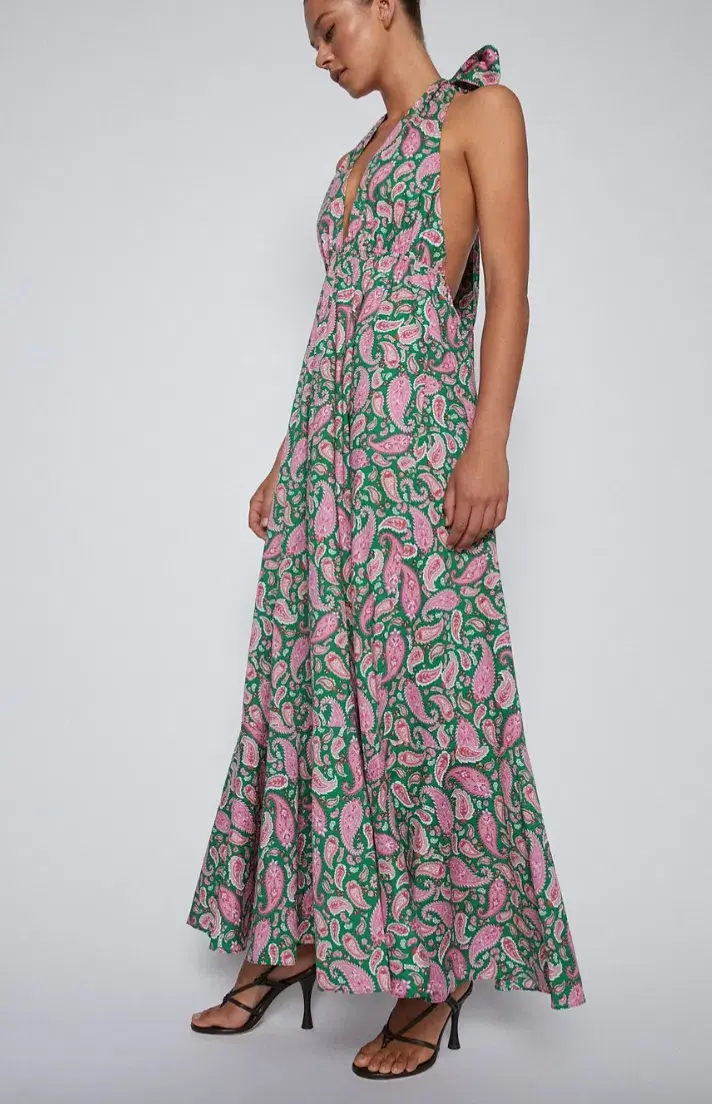 Scanlan Theodore Cotton Paisley Halter Dress Kelly Green Size 8 - Image 1