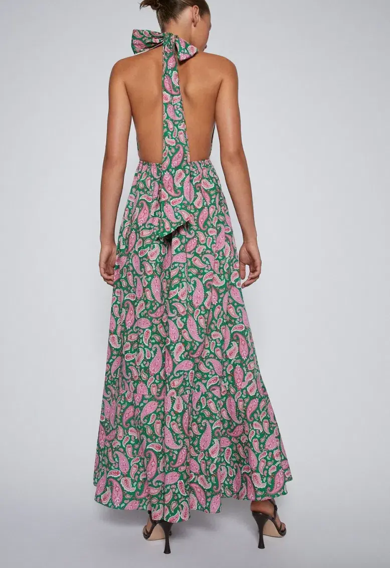 Scanlan Theodore Cotton Paisley Halter Dress Kelly Green Size 8 - Image 3