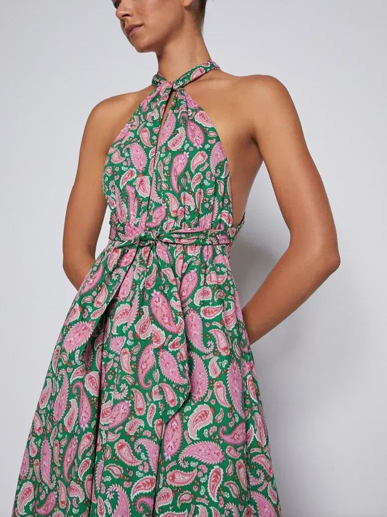 Scanlan Theodore Cotton Paisley Halter Dress Kelly Green Size 8 - Image 4