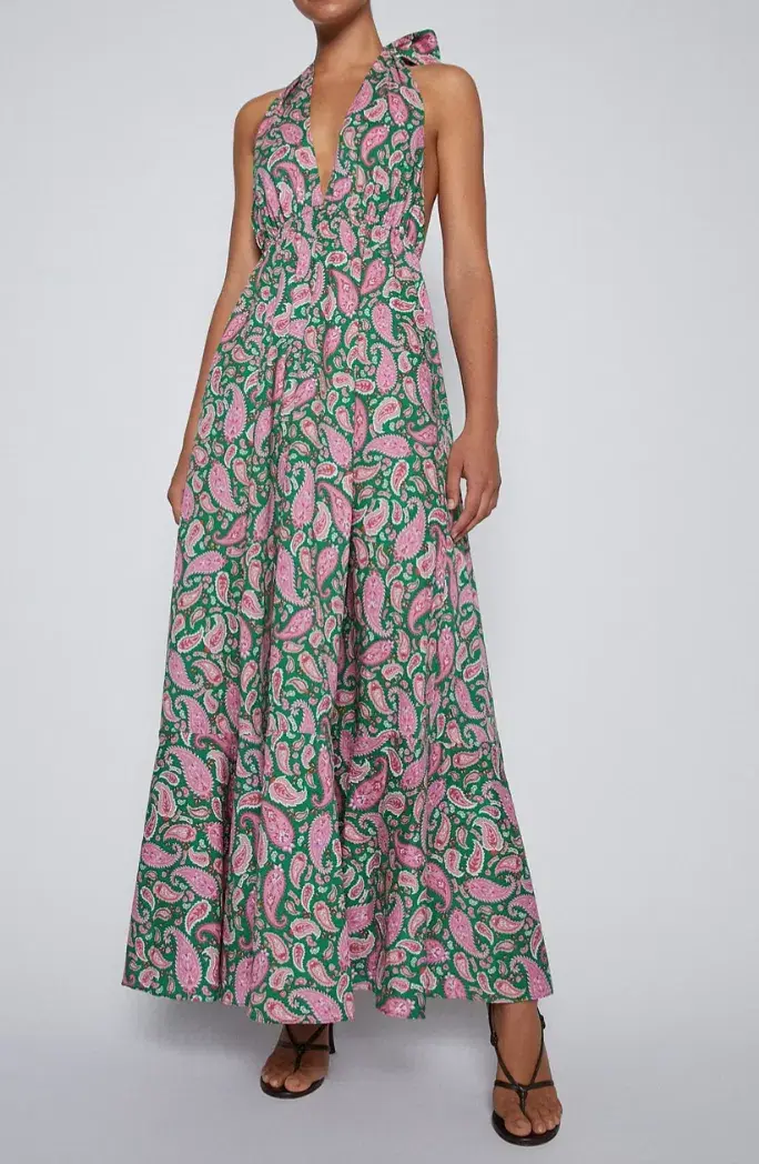 Scanlan Theodore Cotton Paisley Halter Dress Kelly Green Size 8 - Image 2