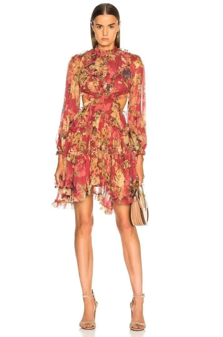 Zimmermann Melody Lace Up Short Dress Burgundy/Floral Size 6 - Image 1