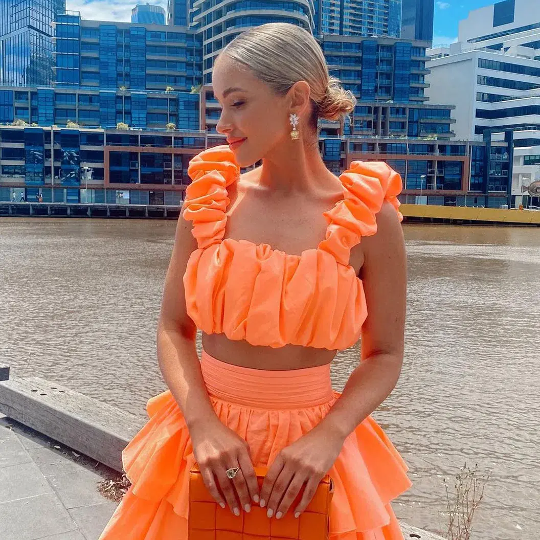 Aje Medina Ruched Crop Top and Tiered Midi Skirt Set Orange Size 6 - Image 4
