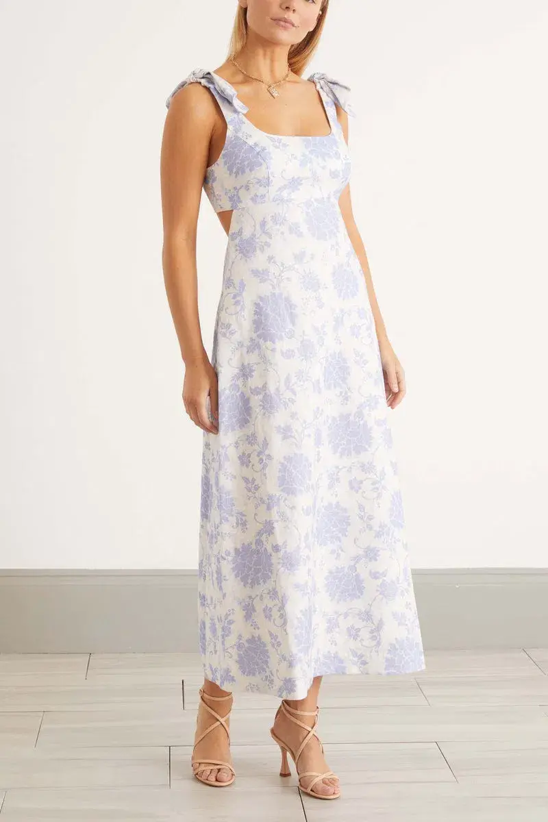 Zimmermann Postcard Tie Shoulder Midi Dress Blue Tonal Floral Size 8 for rent on The Volte - main image