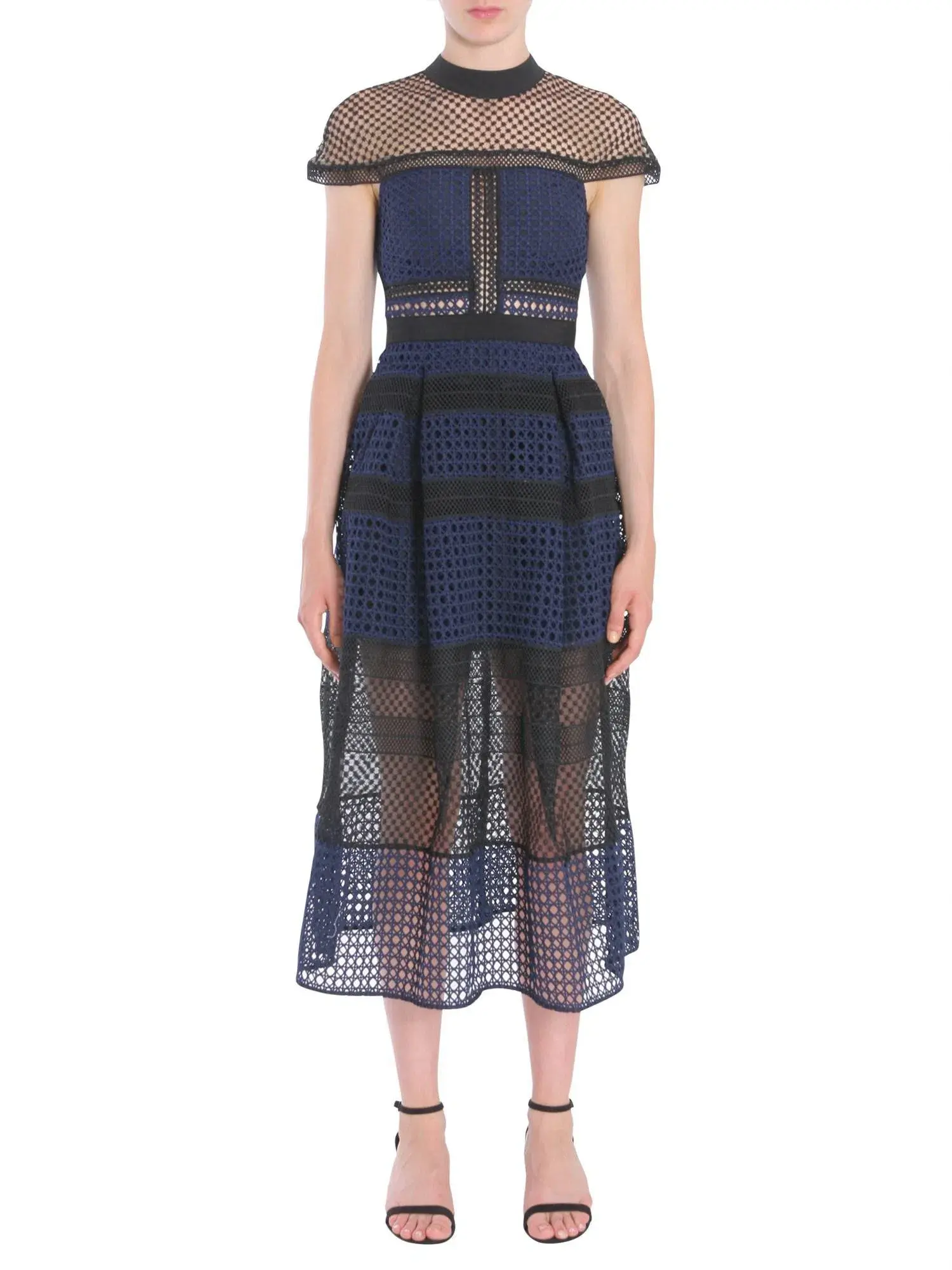 Self Portrait Crosshatch Midi Guipure Lace Dress Navy Size 8 - Image 1