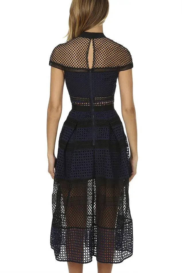 Self Portrait Crosshatch Midi Guipure Lace Dress Navy Size 8 - Image 3