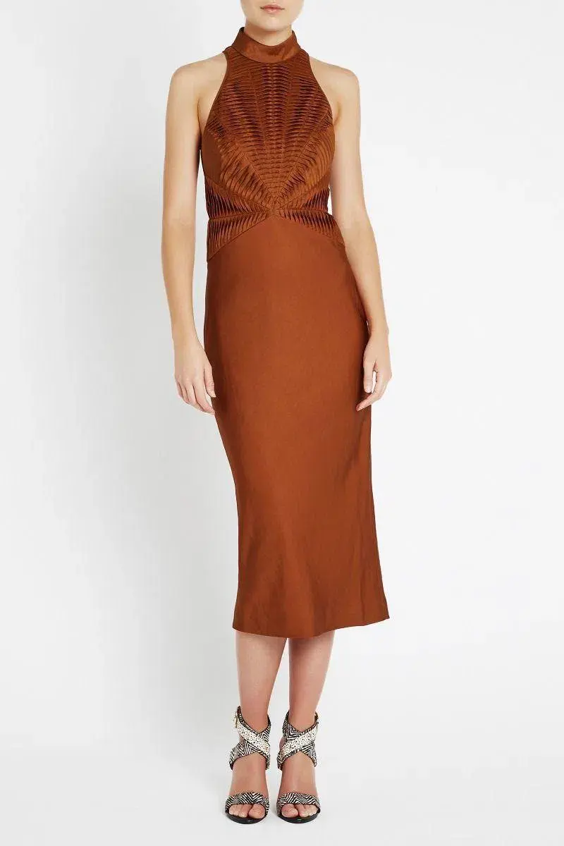  Sass & Bide You Are The One Fitted Midi Dress Bronze Size 10 for rent on The Volte - main image