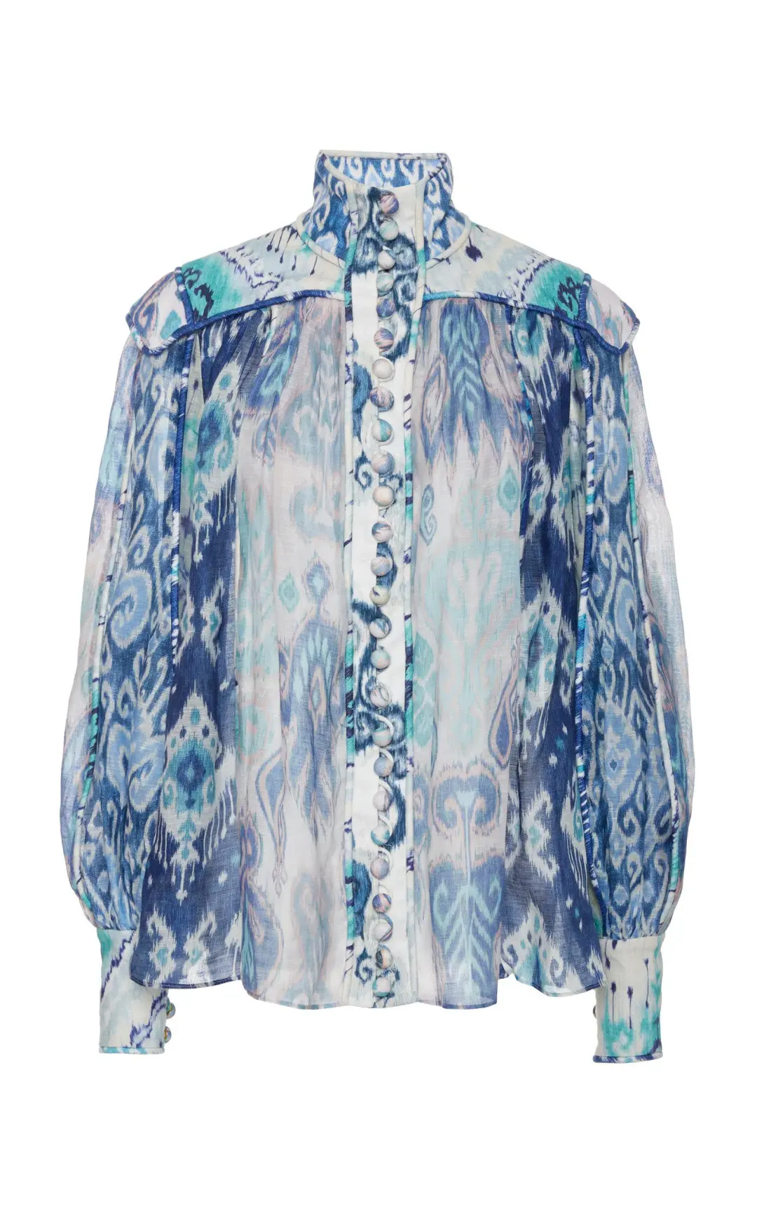 Zimmermann The Glassy Long Sleeve Blouse Spliced Blue Ikat Size 1 / AU 10 for rent on The Volte - main image