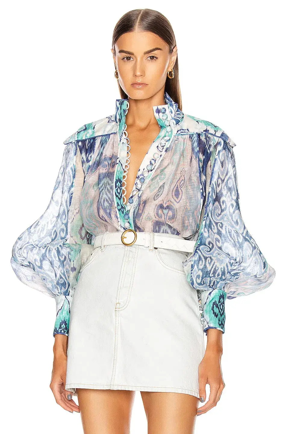 Zimmermann The Glassy Long Sleeve Blouse Spliced Blue Ikat Size 1 / AU 10 - Image 2