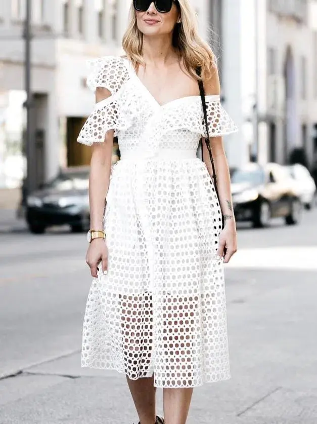 Self Portrait Asymmetric Ruffle Off the Shoulder Dress White Size 14 - Image 2