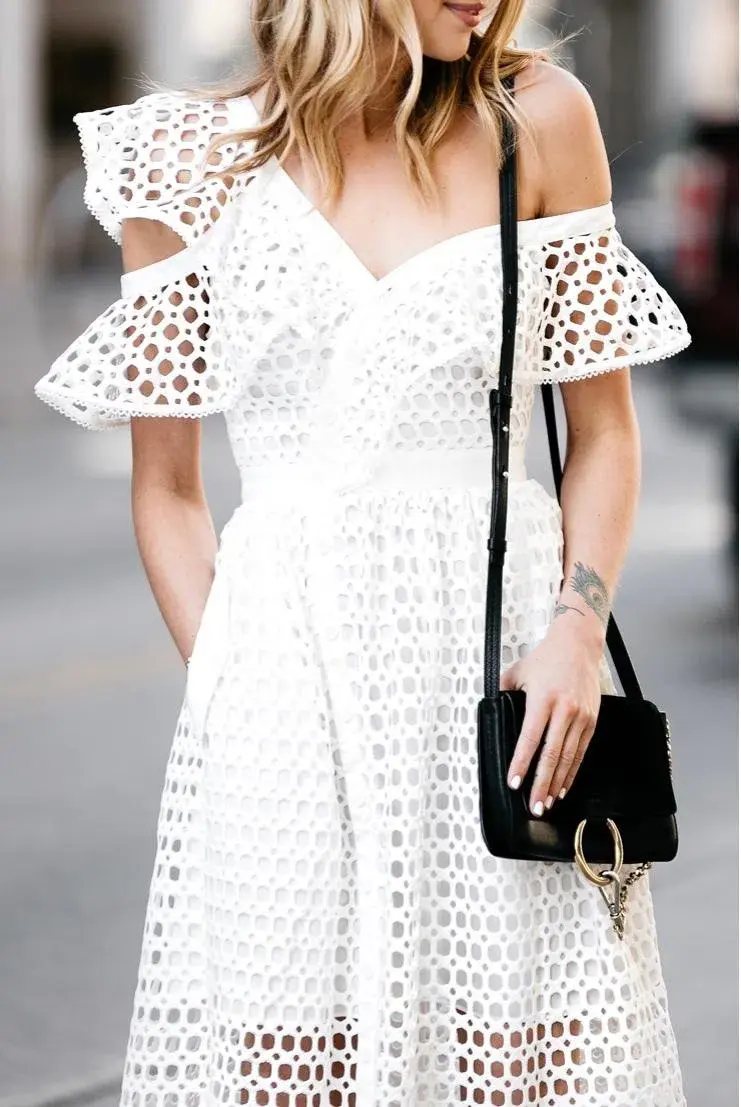 Self Portrait Asymmetric Ruffle Off the Shoulder Dress White Size 14 - Image 3