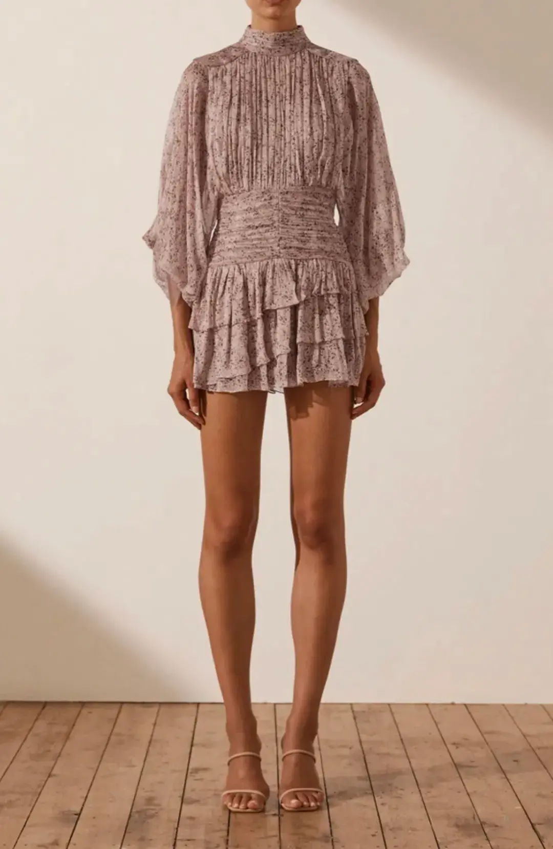 Shona Joy Paulette Long Sleeve Ruched Mini Dress Rose Dust Size 10 for rent on The Volte - main image