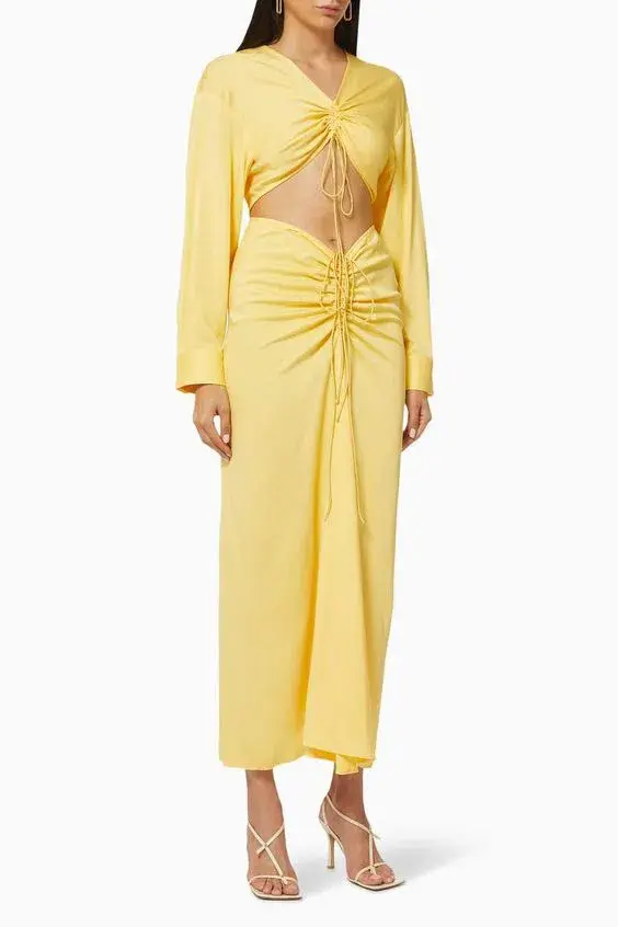 Christopher Esber Ruched Cutout Woven Maxi Dress Yellow Size 10 for rent on The Volte - main image