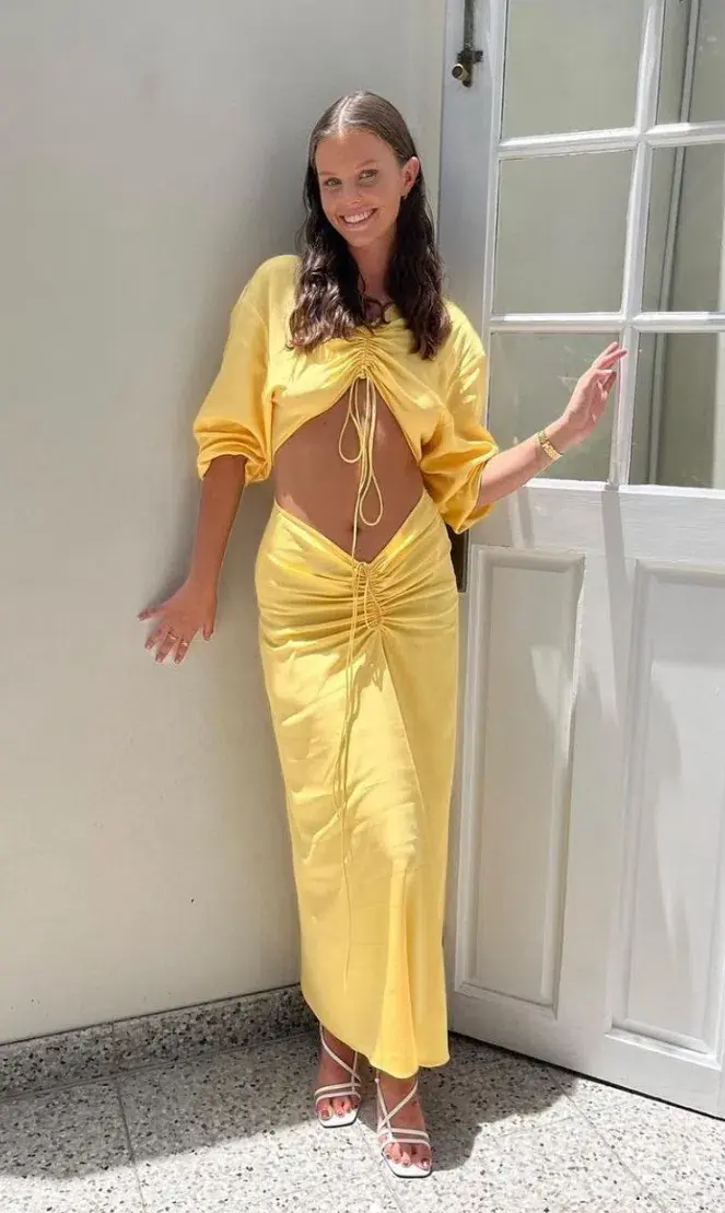 Christopher Esber Ruched Cutout Woven Maxi Dress Yellow Size 10 for rent on The Volte - main image