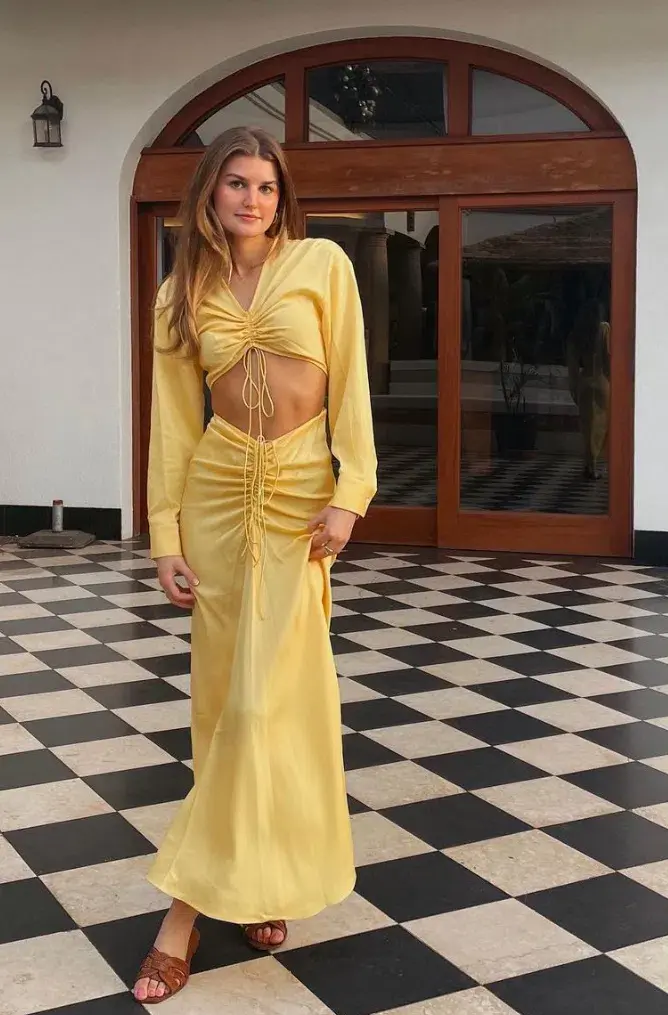 Christopher Esber Ruched Cutout Woven Maxi Dress Yellow Size 10 - Image 4