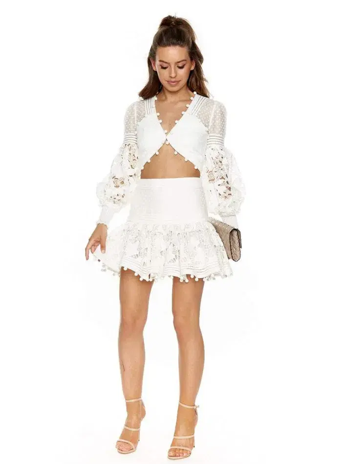 Zimmermann Corsage Pom-Pom Embellished Set Ivory Size 8 - Image 1