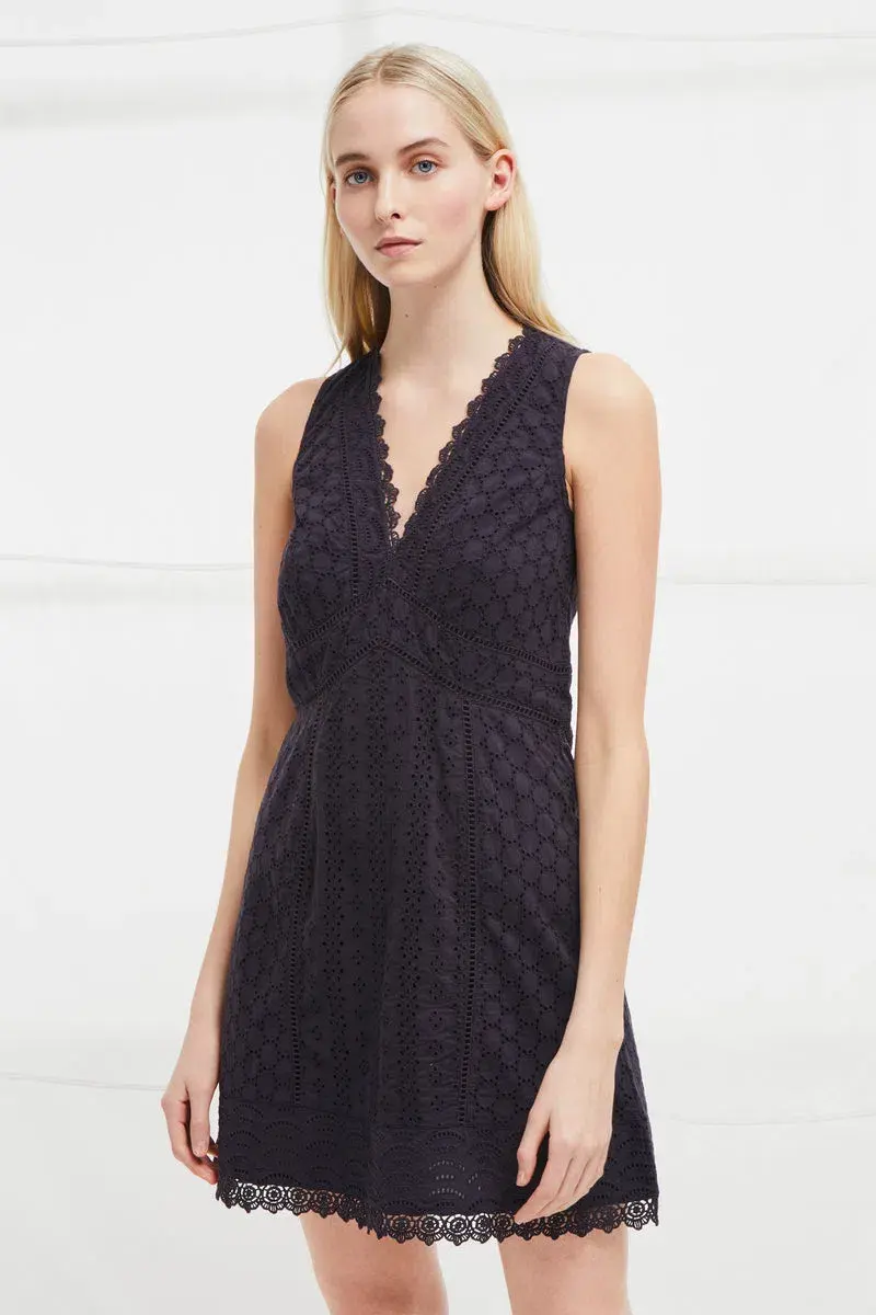 French Connection Zhara Lace Panelled Dress Utility Blue Size 8 - Image 1